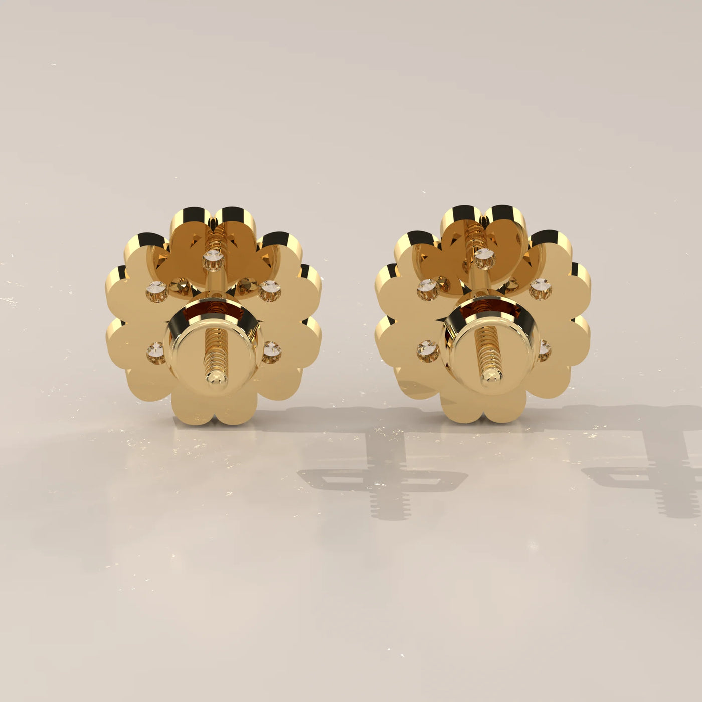Back View: Round Diamond Stud Earrings with Cluster Setting in Yellow Gold – Lab Grown – Driona Jewels