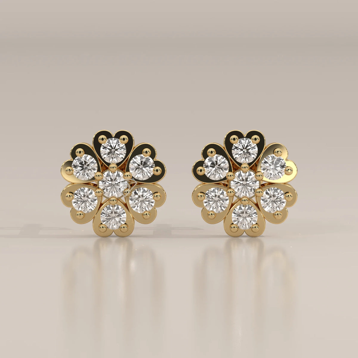 Front View: Round Diamond Stud Earrings with Cluster Setting in Yellow Gold – Lab Grown – Driona Jewels