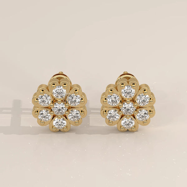 Pair Front View: Round Diamond Stud Earrings with Cluster Setting in Yellow Gold – Lab Grown – Driona Jewels