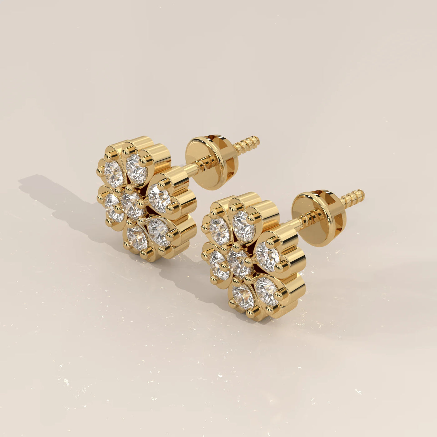 Three-Quarter View: Round Diamond Stud Earrings with Cluster Setting in Yellow Gold – Lab Grown – Driona Jewels