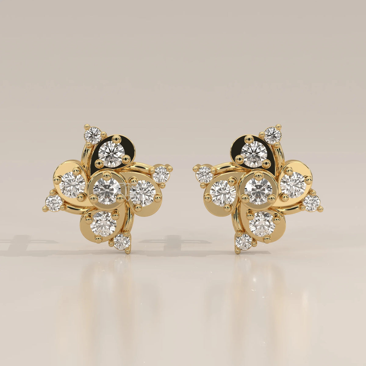Front View: Round Diamond Stud Earrings with Cluster Setting in Yellow Gold – Lab Grown – Driona Jewels