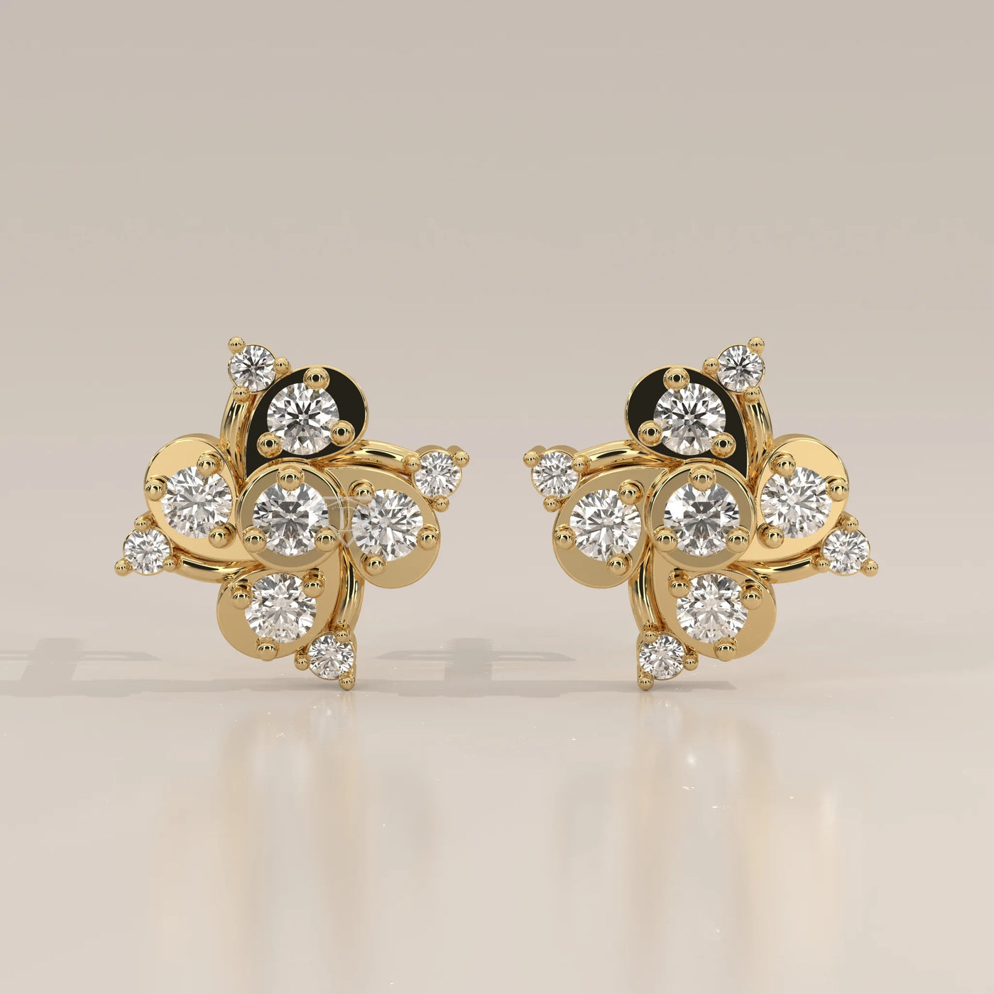 Front View: Round Diamond Stud Earrings with Cluster Setting in Yellow Gold – Lab Grown – Driona Jewels