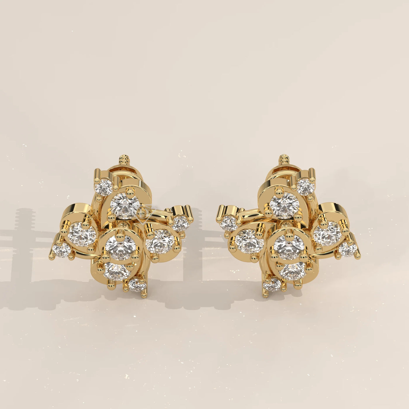 Pair Front View: Round Diamond Stud Earrings with Cluster Setting in Yellow Gold – Lab Grown – Driona Jewels