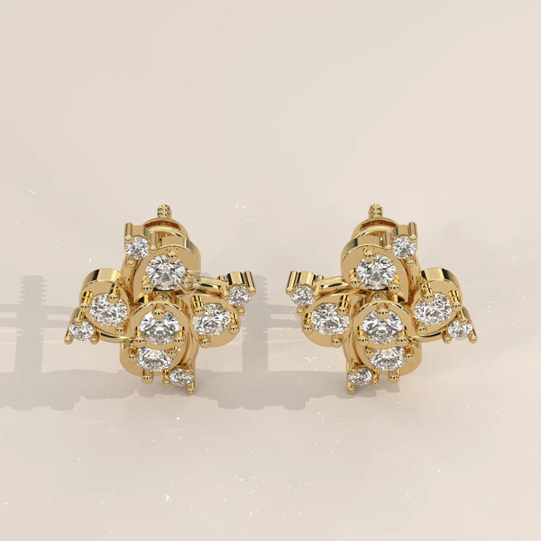 Pair Front View: Round Diamond Stud Earrings with Cluster Setting in Yellow Gold – Lab Grown – Driona Jewels