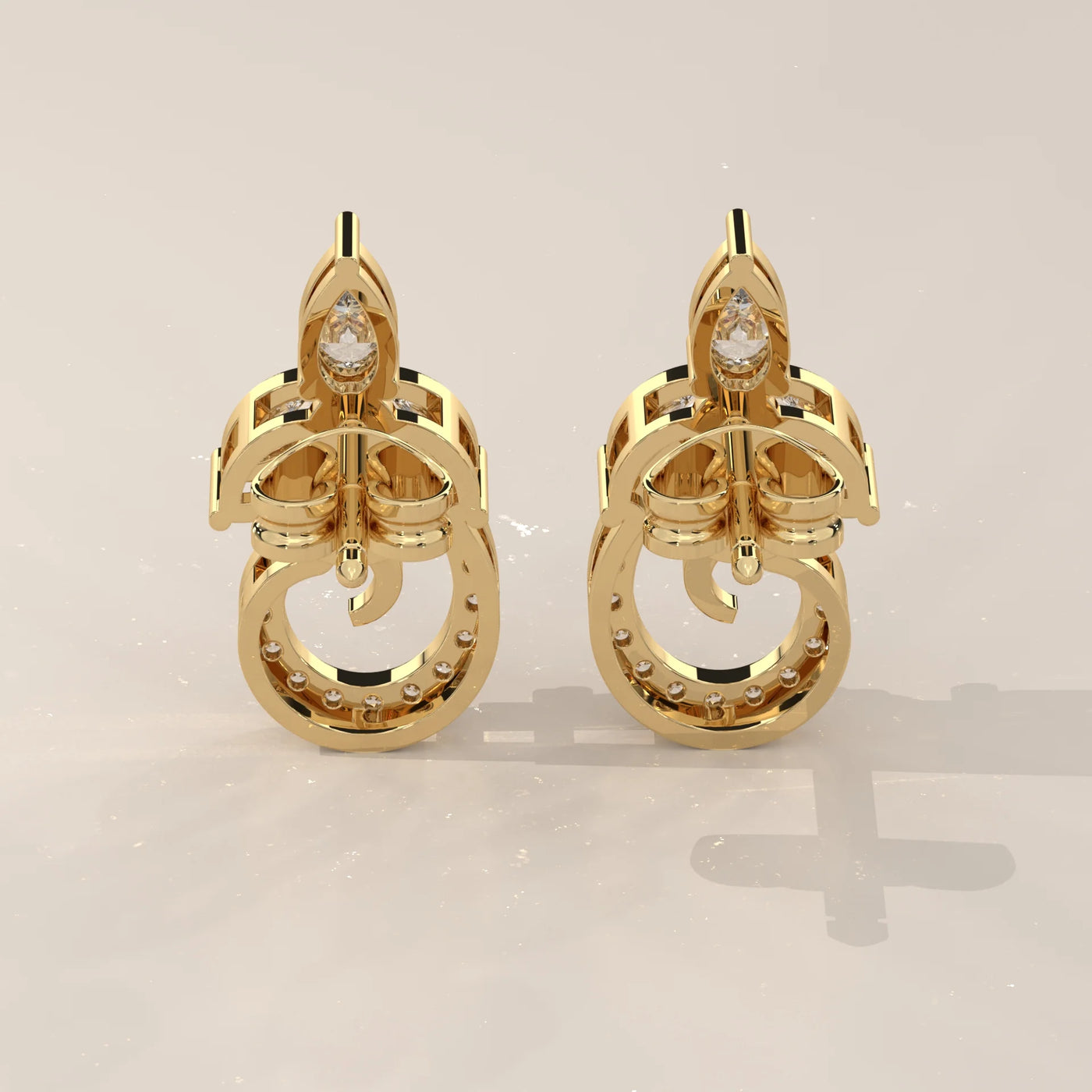 Back View: Round Diamond Drop Earrings with Cluster Setting in Yellow Gold – Lab Grown – Driona Jewels