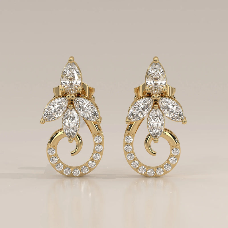 Front View: Round Diamond Drop Earrings with Cluster Setting in Yellow Gold – Lab Grown – Driona Jewels