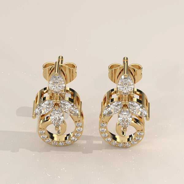 Pair Front View: Round Diamond Drop Earrings with Cluster Setting in Yellow Gold – Lab Grown – Driona Jewels
