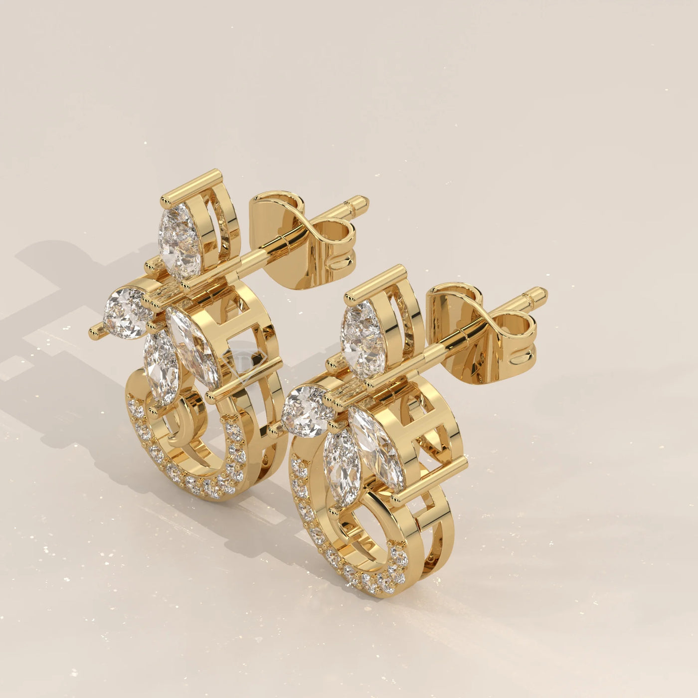 Three-Quarter View: Round Diamond Drop Earrings with Cluster Setting in Yellow Gold – Lab Grown – Driona Jewels