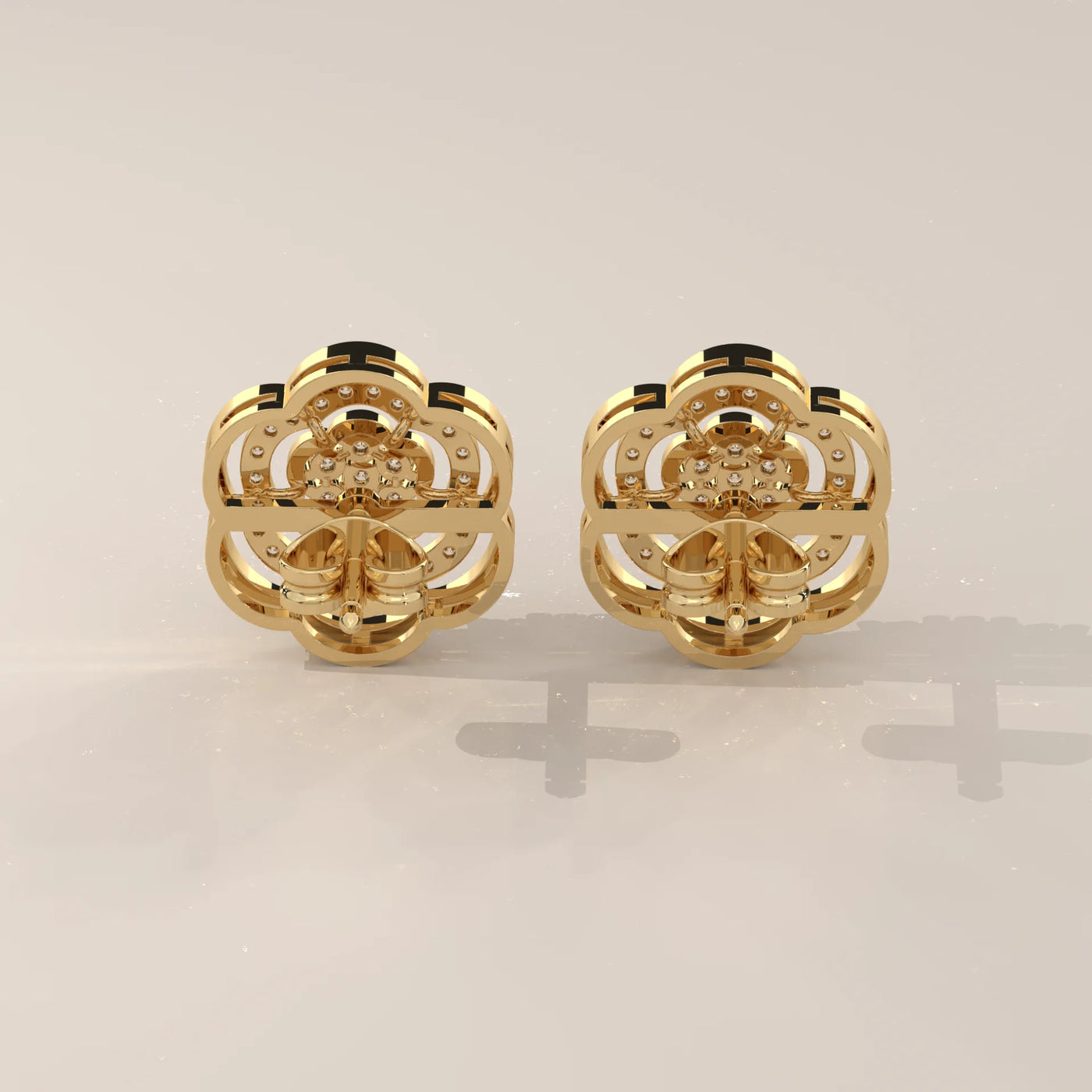 Back View: Round Diamond Stud Earrings with Openwork Setting in Yellow Gold – Lab Grown – Driona Jewels