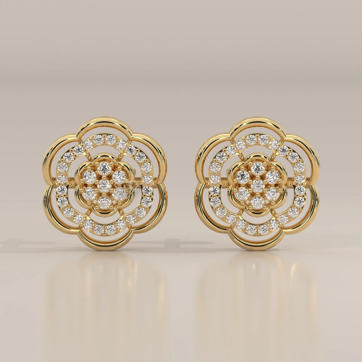 Front View: Round Diamond Stud Earrings with Openwork Setting in Yellow Gold – Lab Grown – Driona Jewels
