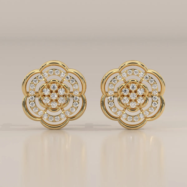 Front View: Round Diamond Stud Earrings with Openwork Setting in Yellow Gold – Lab Grown – Driona Jewels