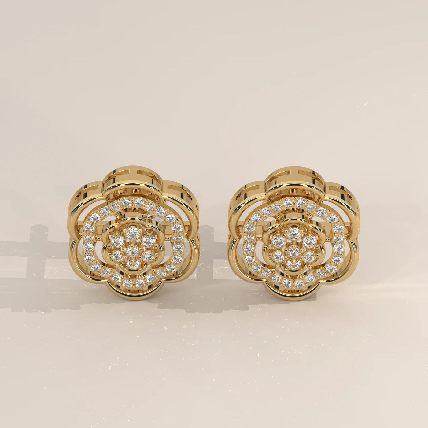 Pair Front View: Round Diamond Stud Earrings with Openwork Setting in Yellow Gold – Lab Grown – Driona Jewels