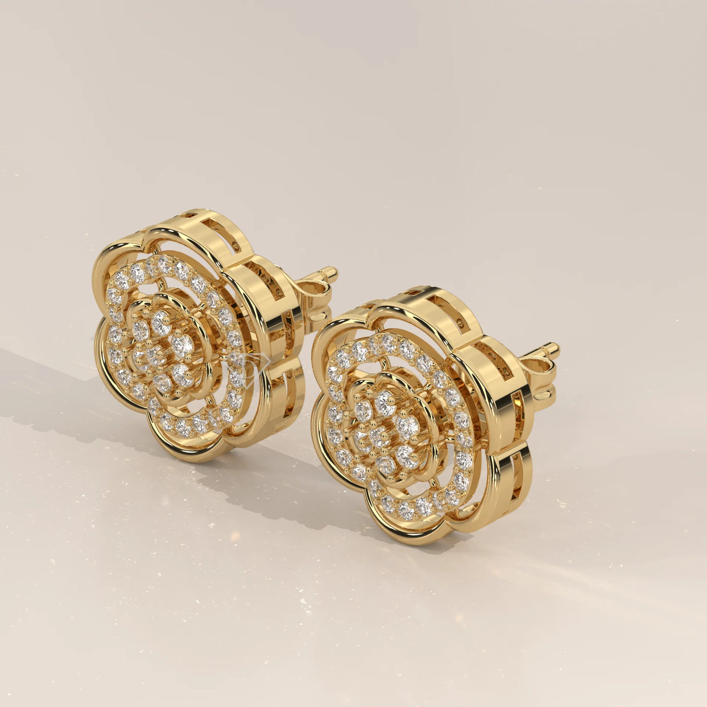 Three-Quarter View: Round Diamond Stud Earrings with Openwork Setting in Yellow Gold – Lab Grown – Driona Jewels