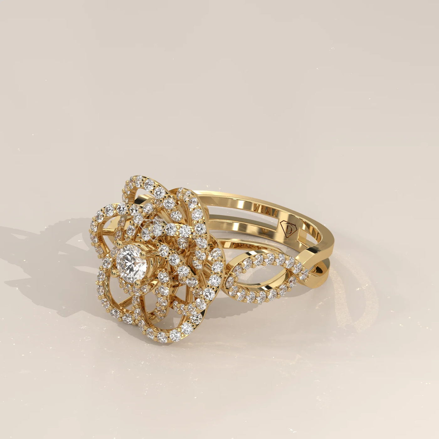 Exquisite 18k gold ring featuring a floral design encrusted with diamonds.