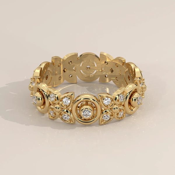 Three-Quarter View: Round Diamond Statement Ring with Filigree Setting in Yellow Gold – Lab Grown – Driona Jewels