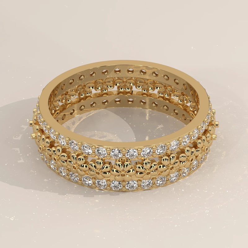 Three-Quarter View: Round Diamond Eternity Band with Eternity Setting in Yellow Gold – Lab Grown – Driona Jewels