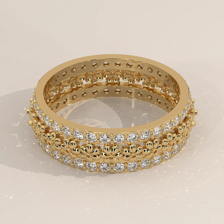 Three-Quarter View: Round Diamond Eternity Band with Eternity Setting in Yellow Gold – Lab Grown – Driona Jewels