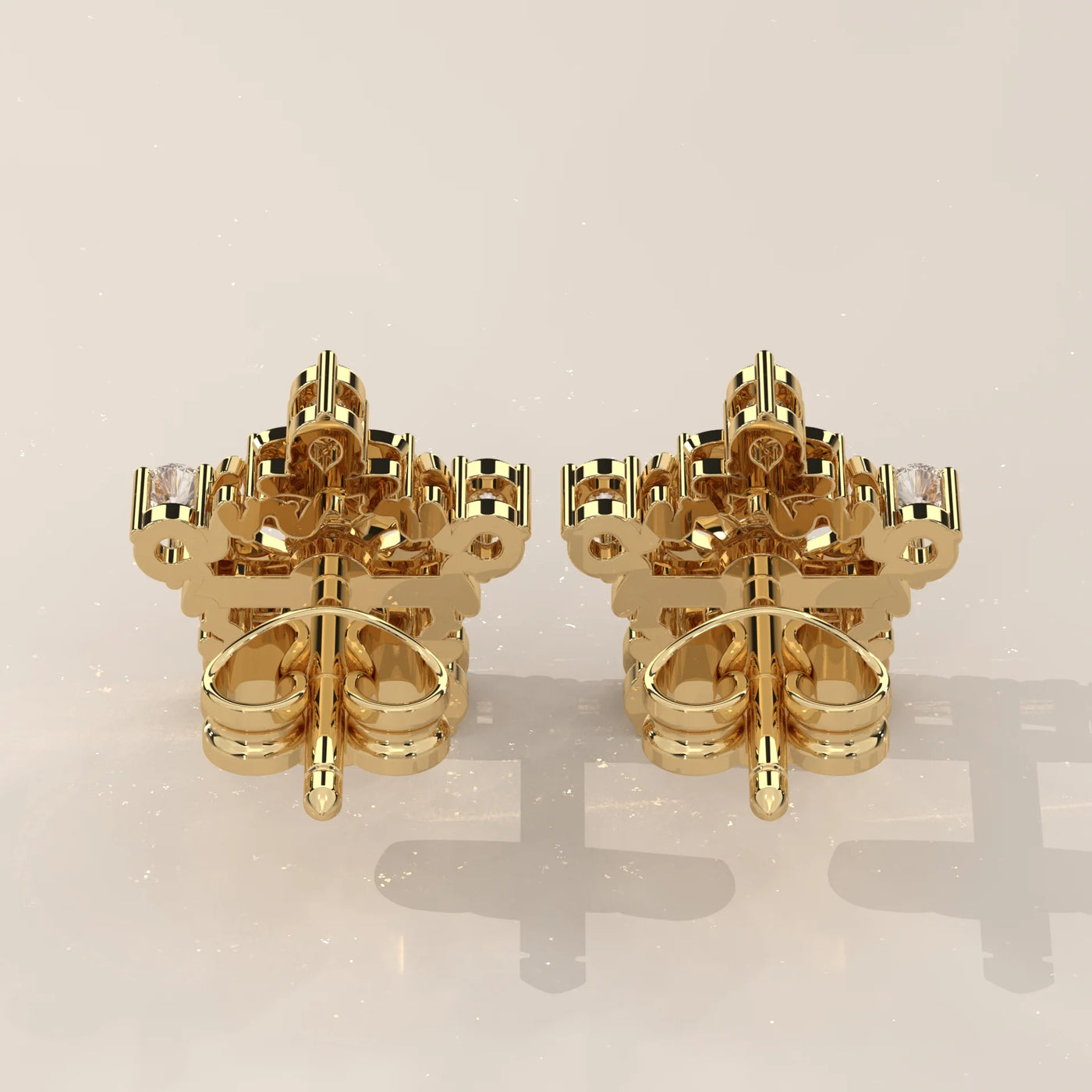 Back View: Round Diamond Stud Earrings with Cluster Setting in Yellow Gold – Lab Grown – Driona Jewels
