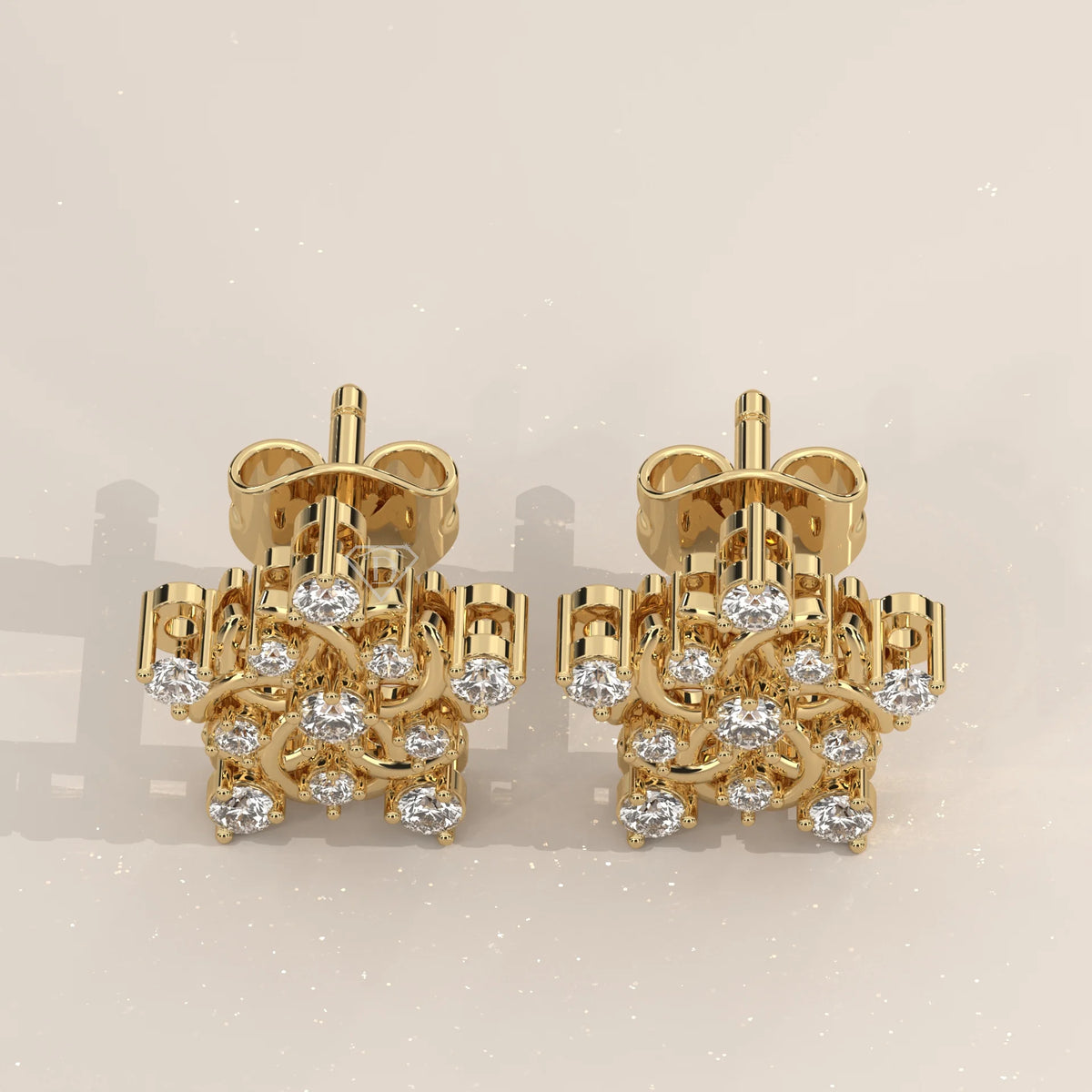 Pair Front View: Round Diamond Stud Earrings with Cluster Setting in Yellow Gold – Lab Grown – Driona Jewels