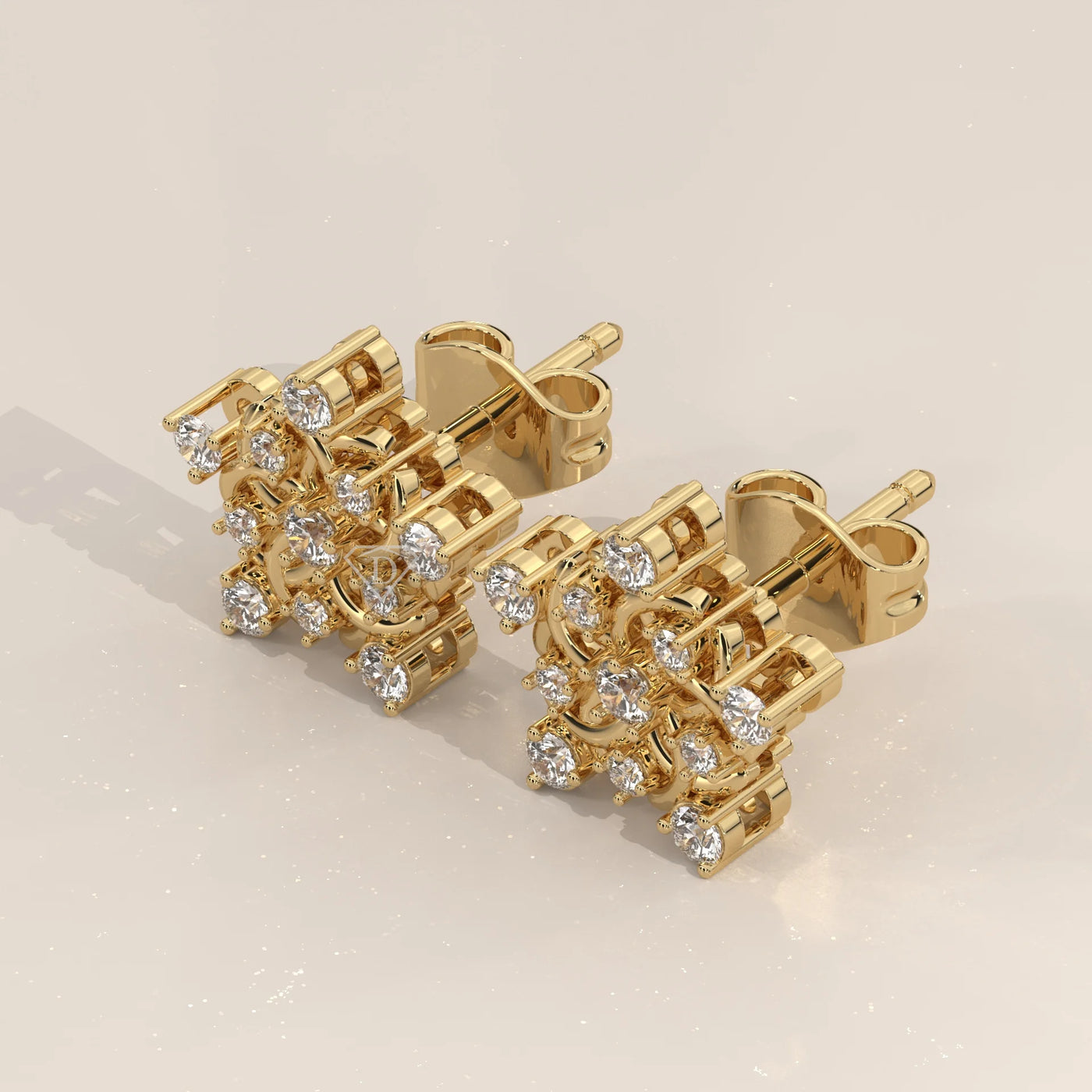 Three-Quarter View: Round Diamond Stud Earrings with Cluster Setting in Yellow Gold – Lab Grown – Driona Jewels