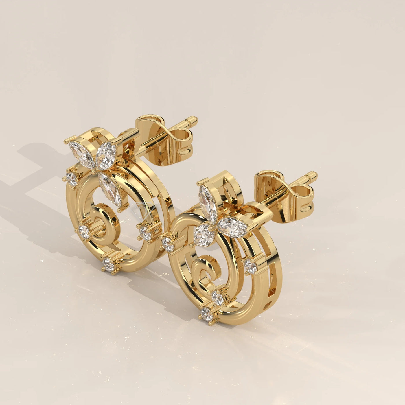 Three-Quarter View: Round Diamond Stud Earrings with Prong Setting in Yellow Gold – Lab Grown – Driona Jewels
