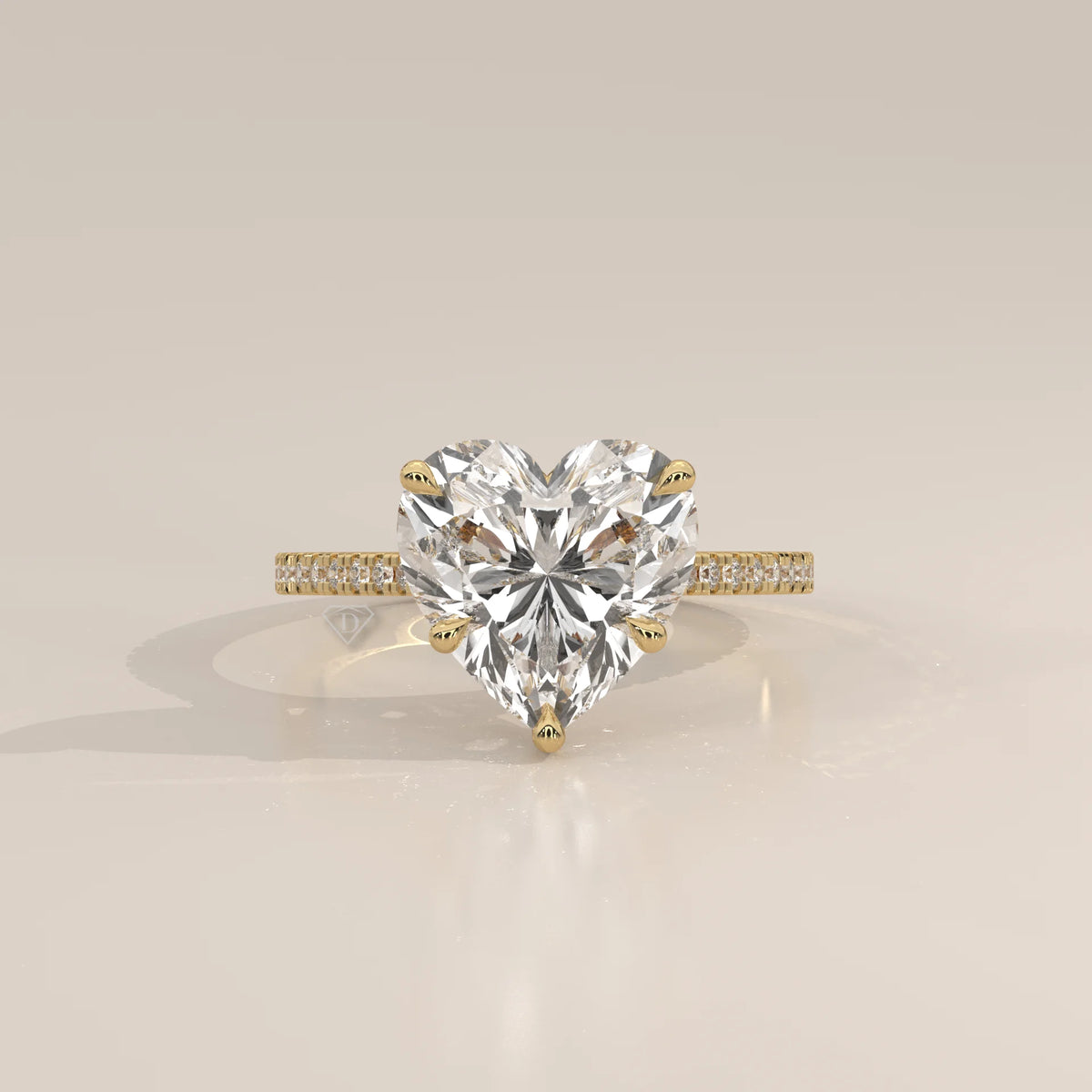 Floretta 5 Carat Heart Lab Grown Diamond Ring, Pave Band in yellow gold, photographed head-on.