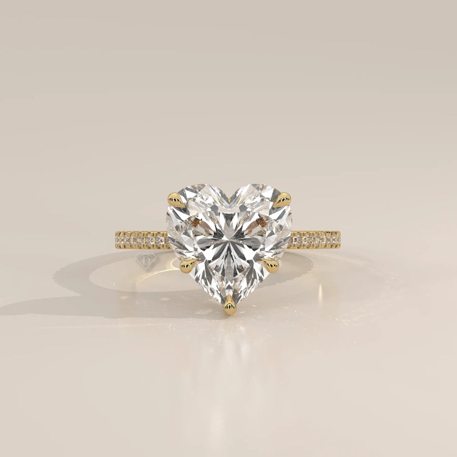 Floretta 5 Carat Heart Lab Grown Diamond Ring, Pave Band in yellow gold, photographed head-on.