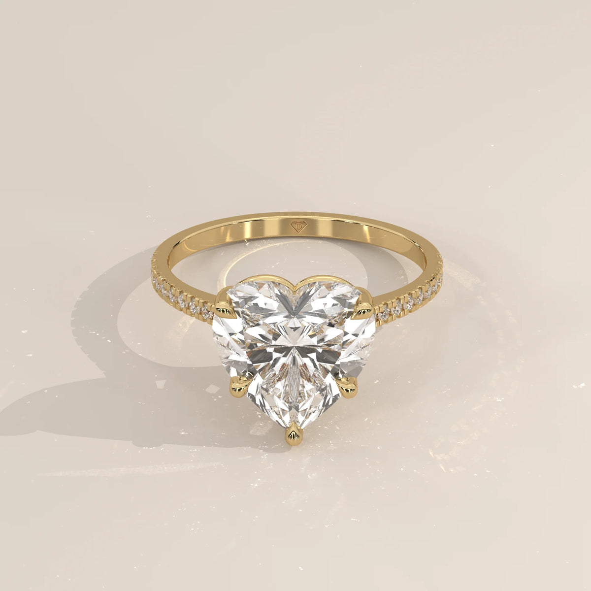 Floretta 5 Carat Heart Lab Grown Diamond Ring, Pave Band in yellow gold, shown from the front.