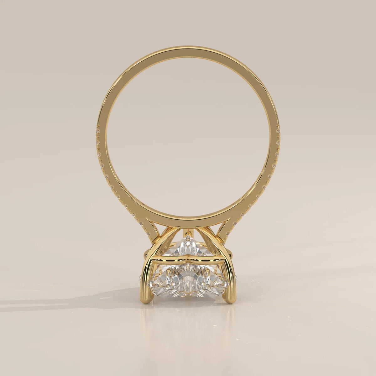 Floretta 5 Carat Heart Lab Grown Diamond Ring, Pave Band in yellow gold, side profile view.