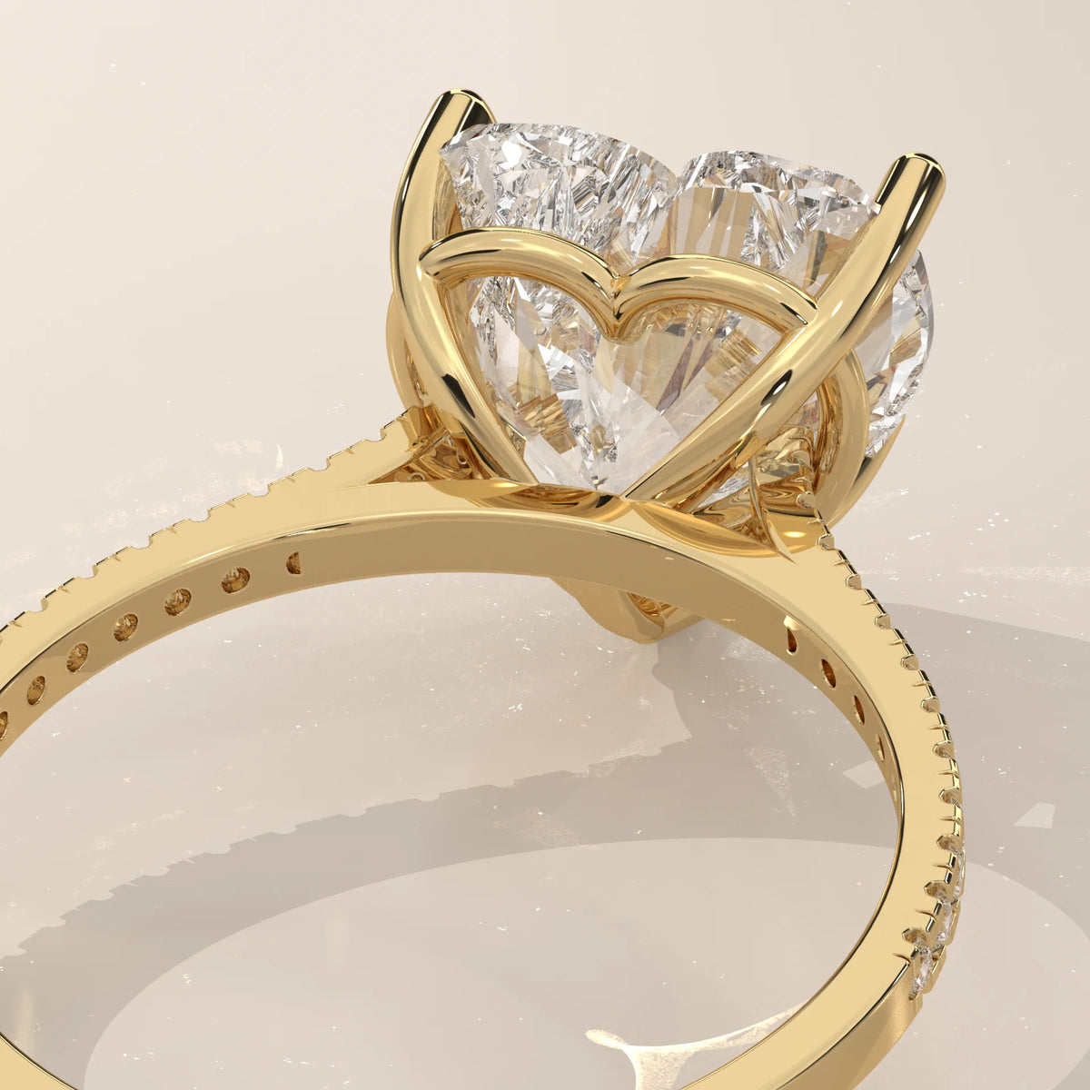 Floretta 5 Carat Heart Lab Grown Diamond Ring, Pave Band in yellow gold, photographed from the side.
