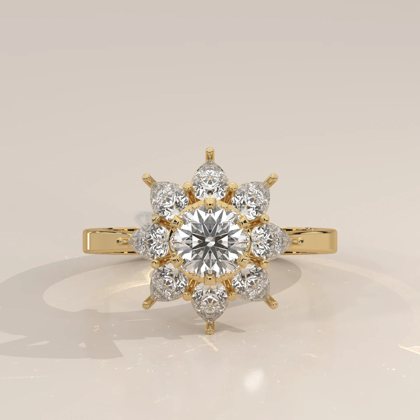 A detailed 14k gold ring with a floral design and small diamonds.