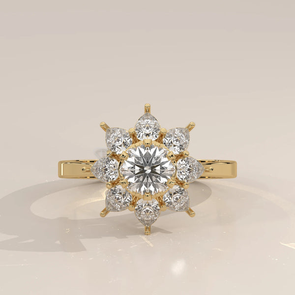 A detailed 14k gold ring with a floral design and small diamonds.