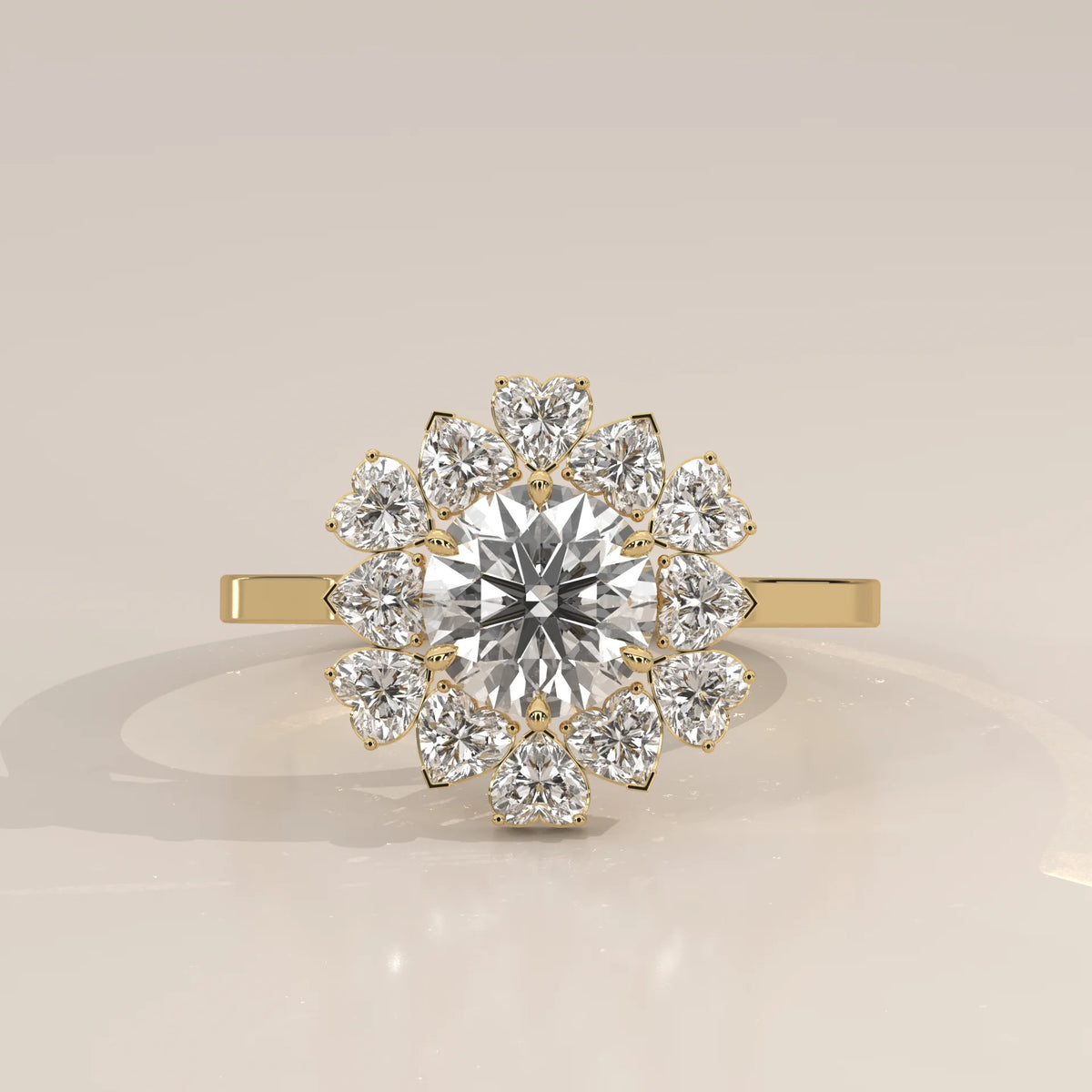 Round Lab Grown Diamond Flower Halo Ring with Heart Petals in yellow gold, photographed head-on.