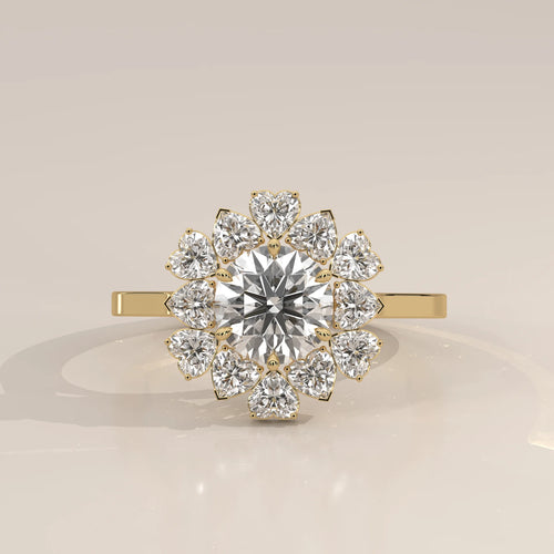 Round Lab Grown Diamond Flower Halo Ring with Heart Petals in yellow gold, photographed head-on.