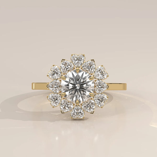 Round Lab Grown Diamond Flower Halo Ring with Heart Petals in yellow gold, photographed head-on.