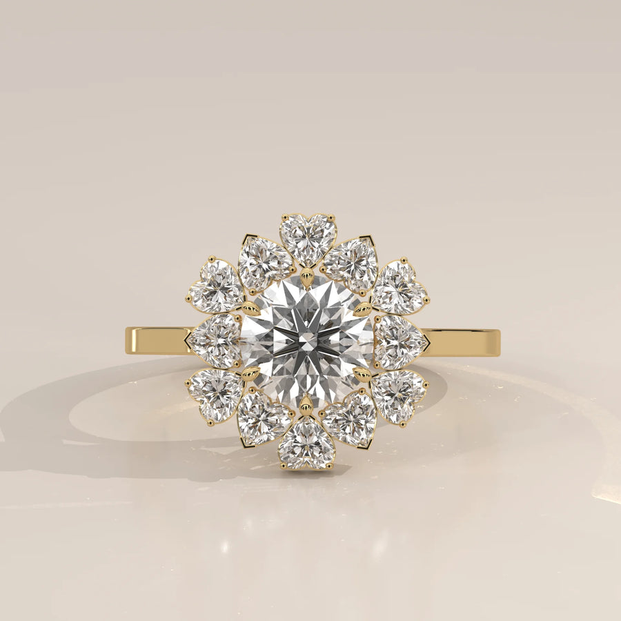 Round Lab Grown Diamond Flower Halo Ring with Heart Petals in yellow gold, photographed head-on.