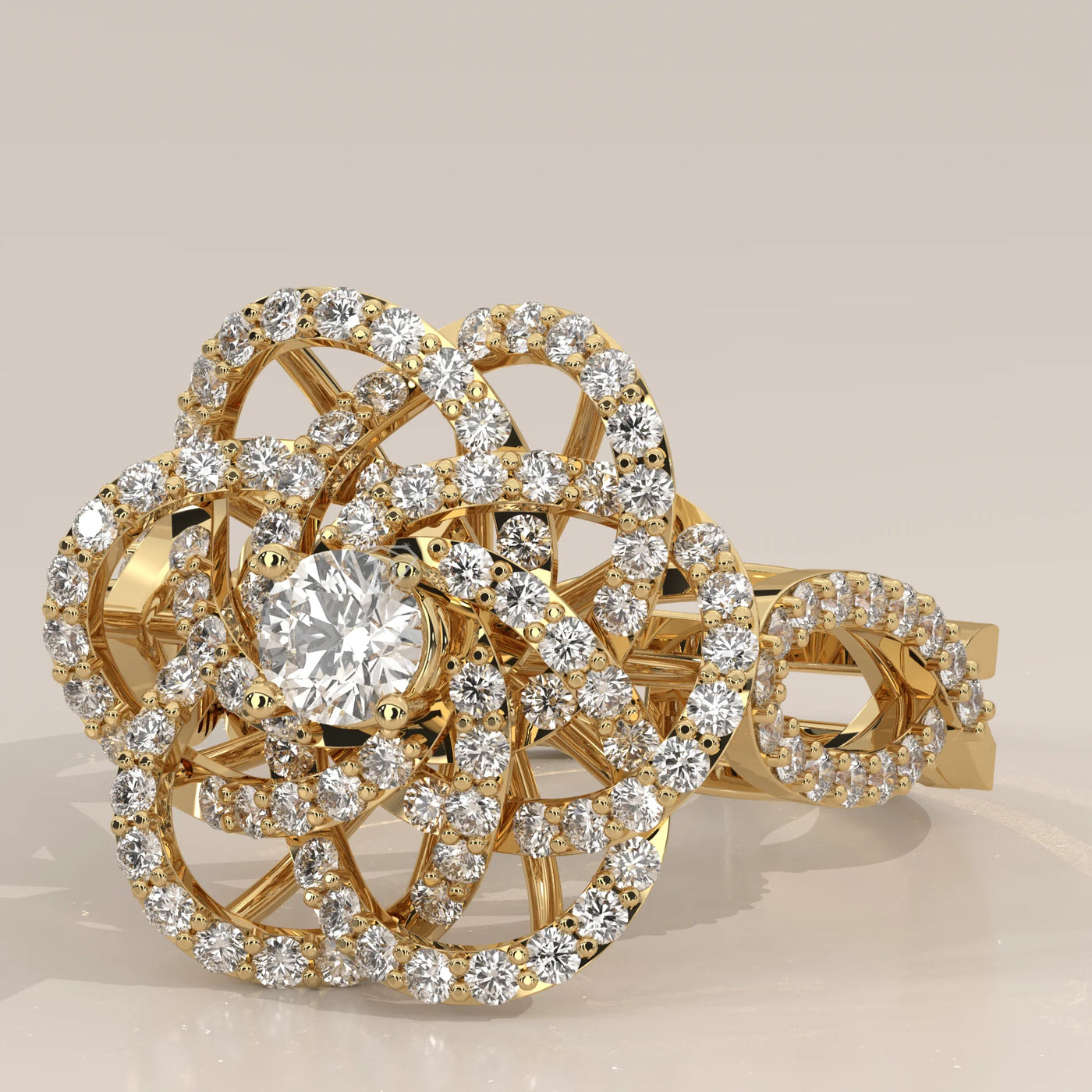 A detailed 14k gold ring with a floral design and small diamonds.