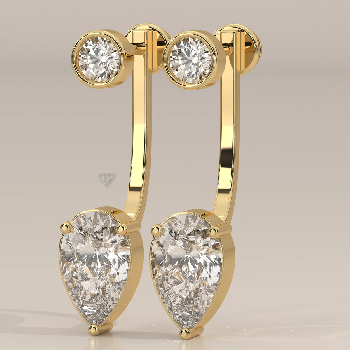 Front Back Lab Grown Diamond Earrings with Bezel Round and Pear Drop in yellow gold, shown on a plain background.