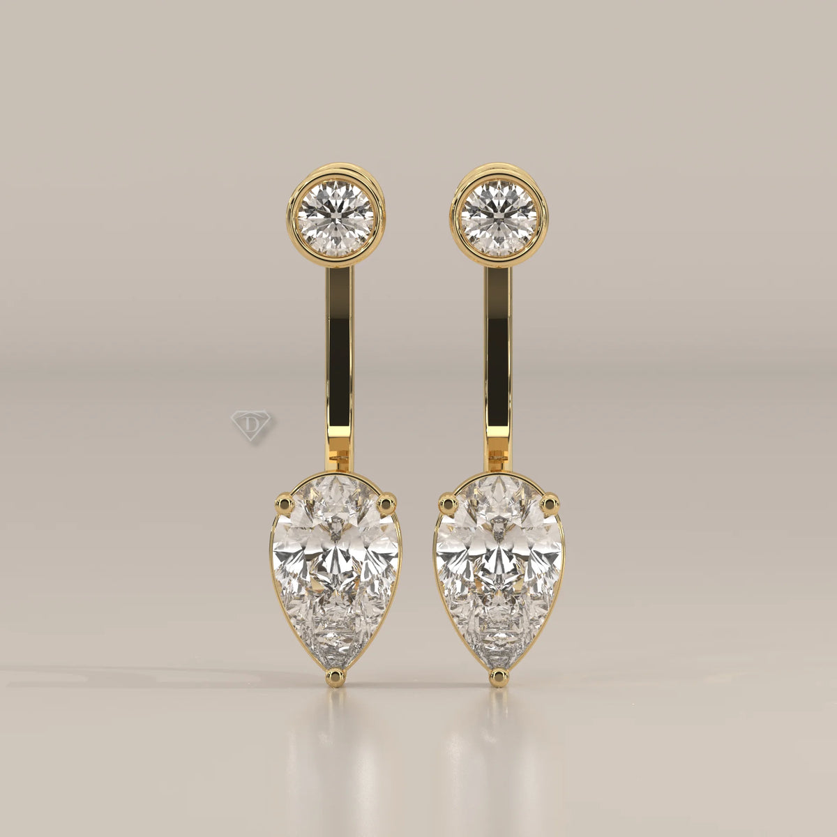 Front Back Lab Grown Diamond Earrings with Bezel Round and Pear Drop in yellow gold, shown from the front.