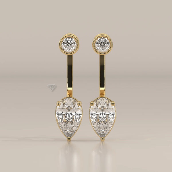 Front Back Lab Grown Diamond Earrings with Bezel Round and Pear Drop in yellow gold, shown from the front.