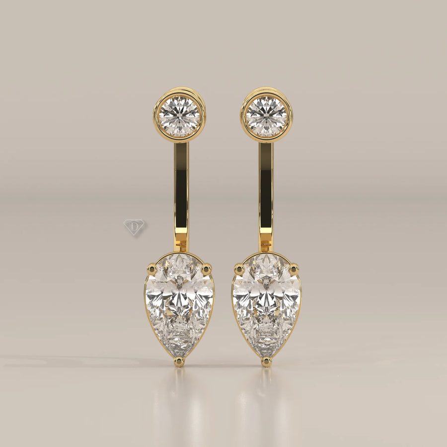 Front Back Lab Grown Diamond Earrings with Bezel Round and Pear Drop in yellow gold, shown from the front.