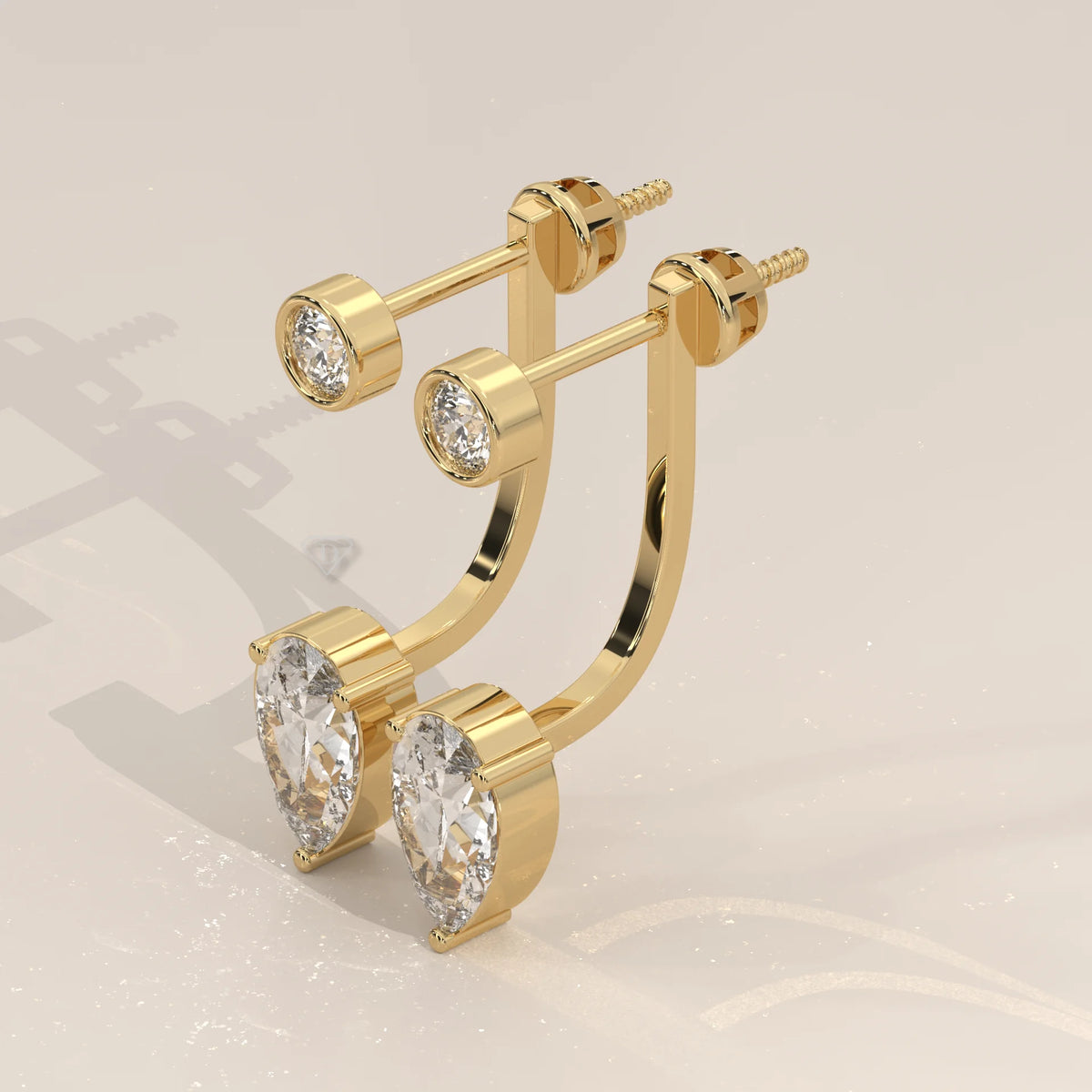 Front Back Lab Grown Diamond Earrings with Bezel Round and Pear Drop in yellow gold, photographed head-on.