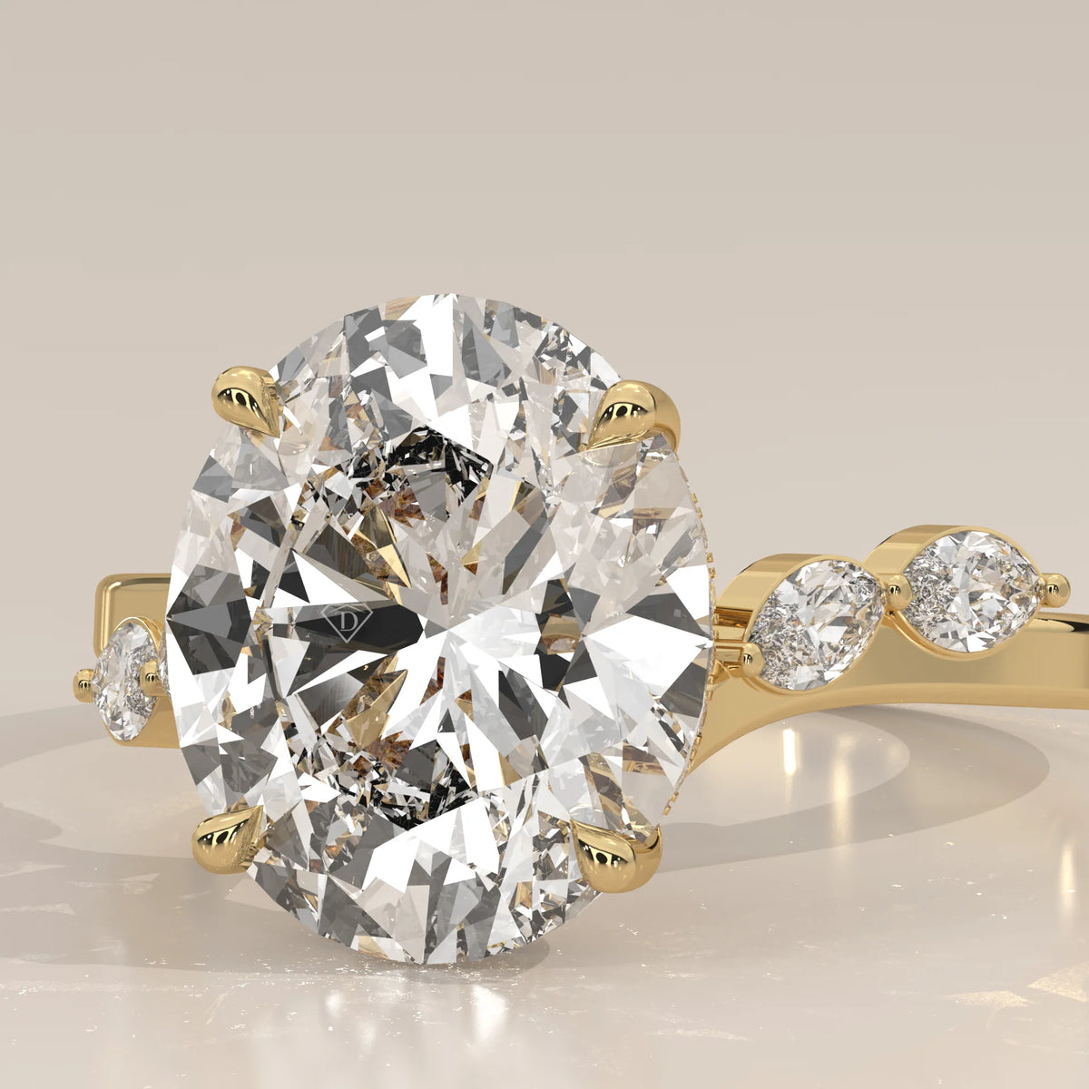 Fyolly 5 Carat Oval Lab Grown Diamond Ring, Scattered Marquise in yellow gold, shown on a plain background.