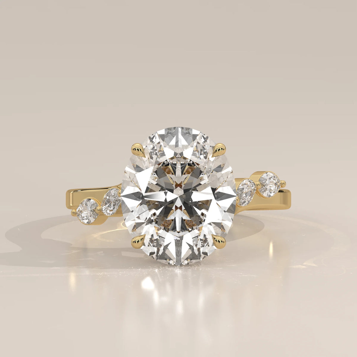 Fyolly 5 Carat Oval Lab Grown Diamond Ring, Scattered Marquise in yellow gold, photographed head-on.