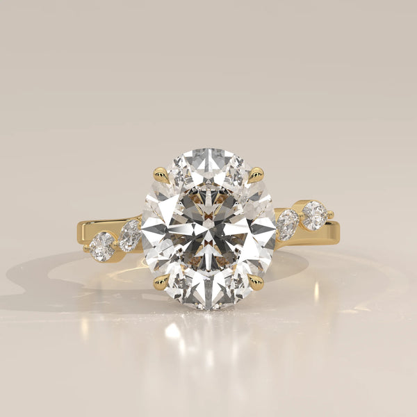 Fyolly 5 Carat Oval Lab Grown Diamond Ring, Scattered Marquise in yellow gold, photographed head-on.