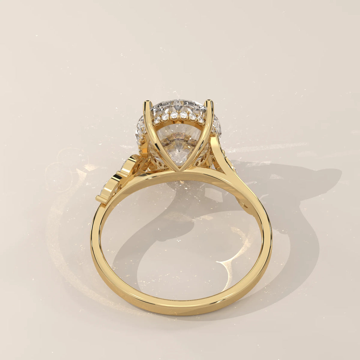 Fyolly 5 Carat Oval Lab Grown Diamond Ring, Scattered Marquise in yellow gold, side profile view.