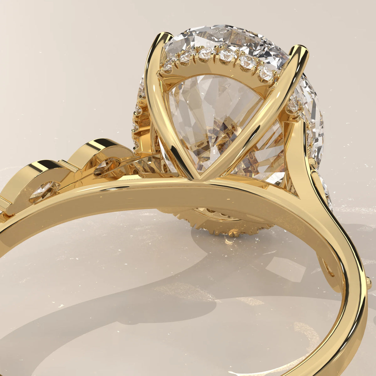 Fyolly 5 Carat Oval Lab Grown Diamond Ring, Scattered Marquise in yellow gold, product photograph on a plain background.