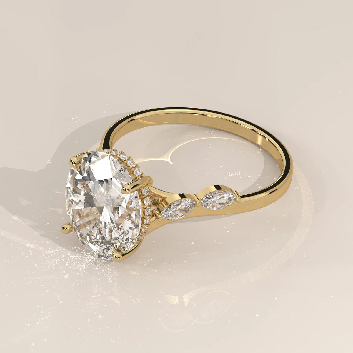 Fyolly 5 Carat Oval Lab Grown Diamond Ring, Scattered Marquise in yellow gold, shown from the side.