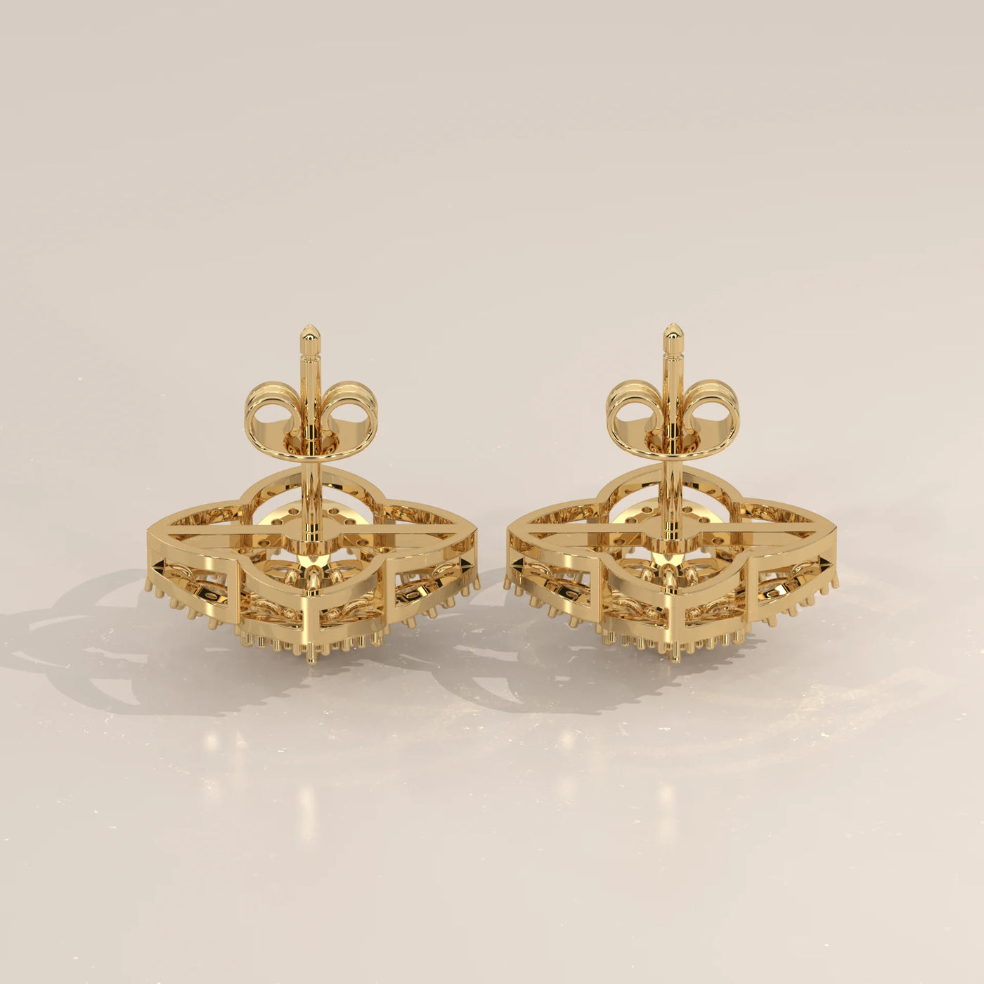 Angle View: Marquise and Round Diamond Cluster Stud Earrings in Clover Frame, Yellow Gold – Lab Grown – Driona Jewels