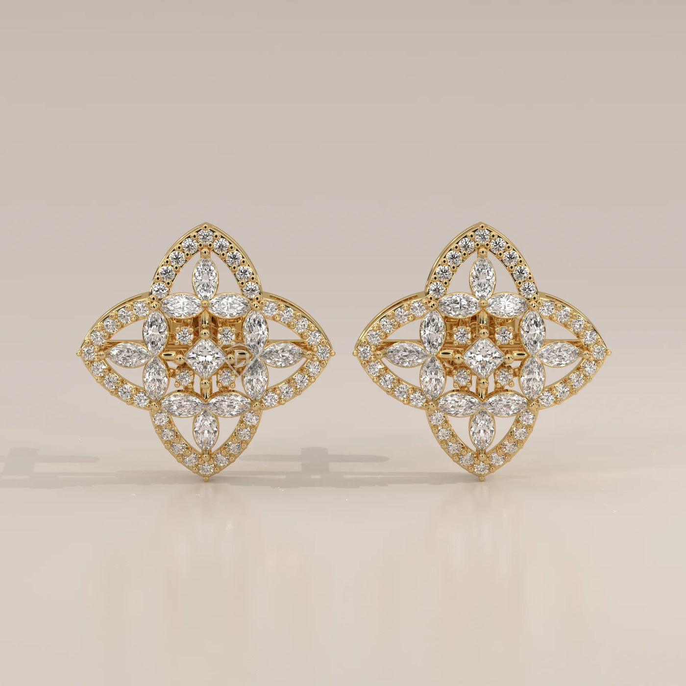 Front View: Marquise and Round Diamond Cluster Stud Earrings in Clover Frame, Yellow Gold – Lab Grown – Driona Jewels